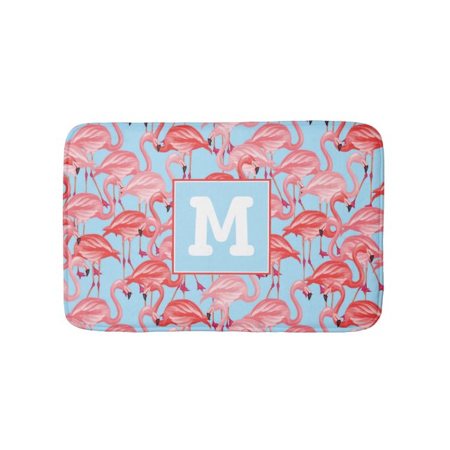 Helle rosa Flamingos auf Blau | addieren Ihre Badematte (Vorderseite)