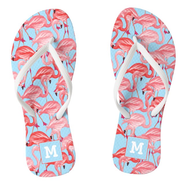Helle rosa Flamingos auf Blau | addieren Ihre Flip Flops (Fußbett)
