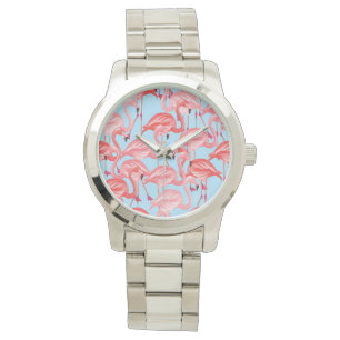 Helle rosa Flamingos auf Blau Armbanduhr
