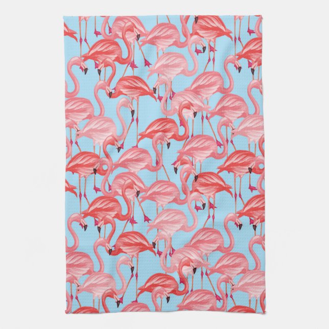 Helle rosa Flamingos auf Blau Geschirrtuch (Vertikal)