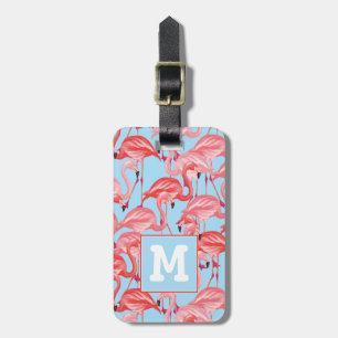 Helle rosa Flamingos auf Monogramm des Blau- Gepäckanhänger