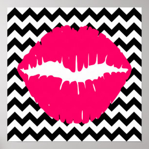 Helle rosa Lippen auf Schwarz-Weiß-Zickzack Poster