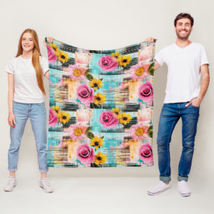 Helle rosa Rosen und Sonnenblumen auf abstraktem H Fleecedecke