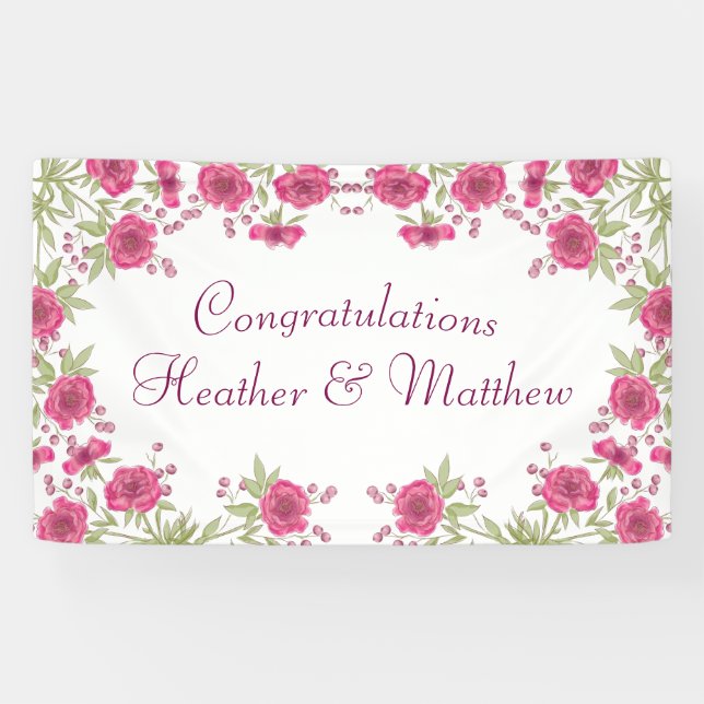 Helle Rosa Rosenhochzeit Banner (Horizontal)