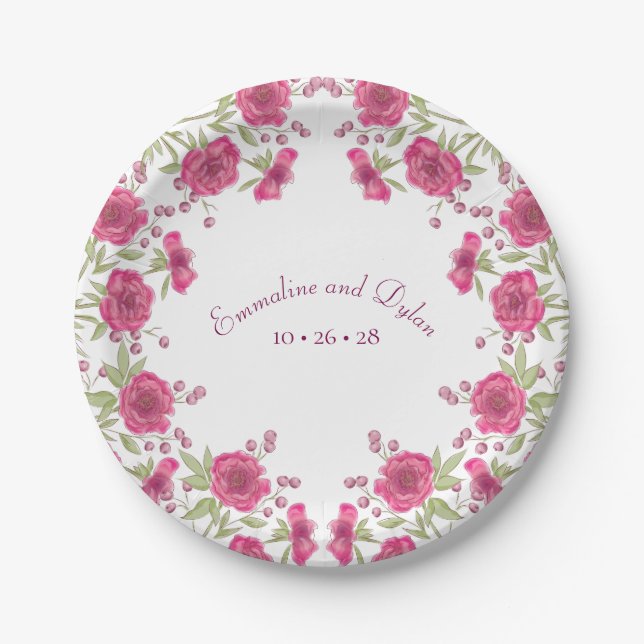 Helle Rosa Rosenhochzeit Pappteller (Vorderseite)