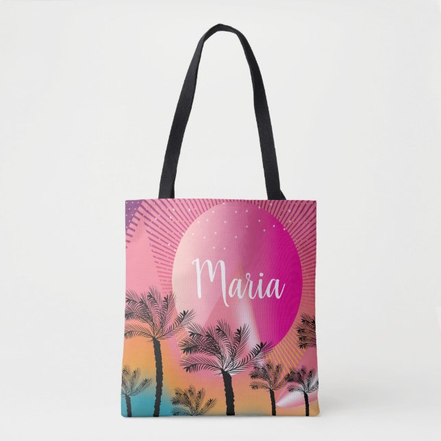Helle rosa Sommer Tropical Sunset Palm Tree Art Tasche (Vorderseite)