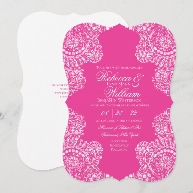 Helle rosa Spitzen Elegante Hochzeit Einladung (Vorne/Hinten)