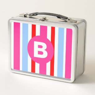 Helle rosa und blaue Candy-Streifen mit Monogramm Metall Brotdose