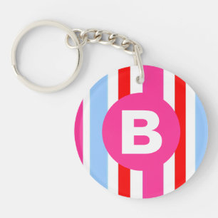 Helle rosa und blaue Candy-Streifen mit Monogramm Schlüsselanhänger