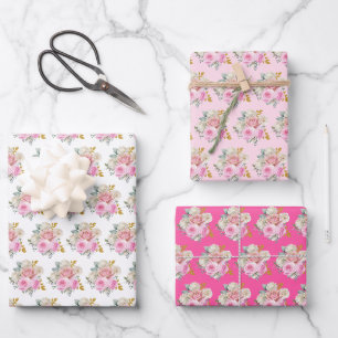 Helle rosa und goldene elegante Blumen  Geschenkpapier Set