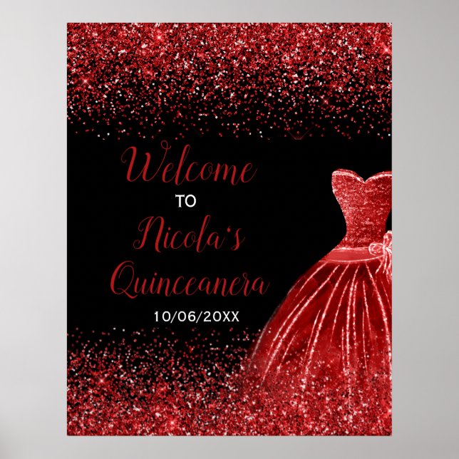 Helle Rot Dress Imitats Glitzer Quinceanera Willko Poster (Vorne)
