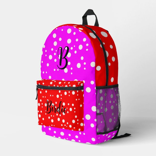 Helle Rot- und Hot-Pink-Farbe (Name des Anfangsbuc Bedruckter Rucksack (Rückseitige Ecke Rechts)