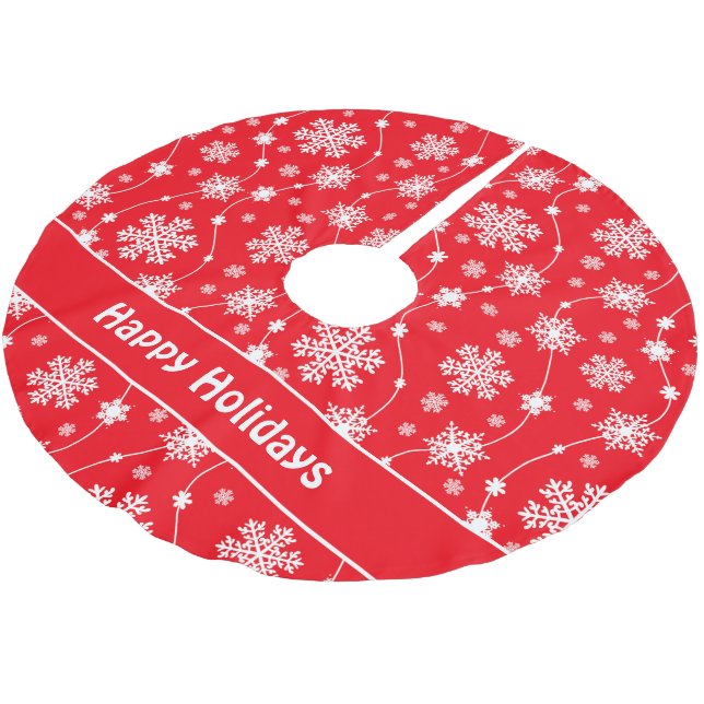 Helle Rot- und Winterweißschneeflocken-Monogramm Polyester Weihnachtsbaumdecke (Schrägansicht)