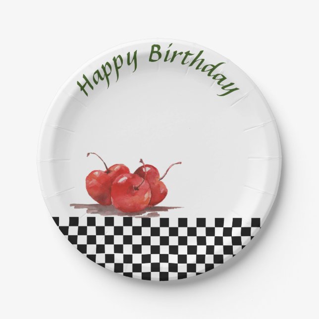 Helle rote Kirschen auf einem geprüften Tablettenk Pappteller (Vorderseite)