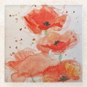 Helle rote Mohnblumen Aquarell-Blume Blumen Glasuntersetzer