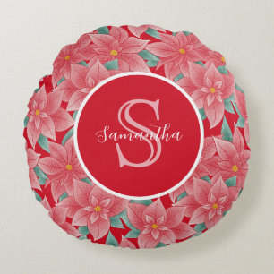 Helle rote Poinsettien-Personalisierte Monogramm Rundes Kissen