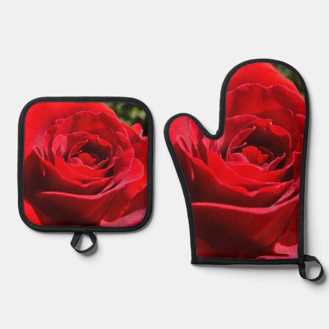 Helle Rote Rose Blume Schöne Blumenpracht Ofenhandschuh & Topflappen-Set (Vorderseite)