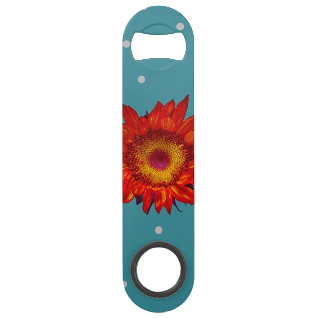 Helle rote Sonnenblume auf blauem Speed Flaschenöffner (Rückseite)