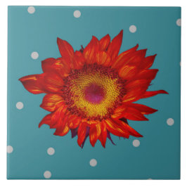 Helle rote Sonnenblume auf blauer Keramik-Fliese Fliese