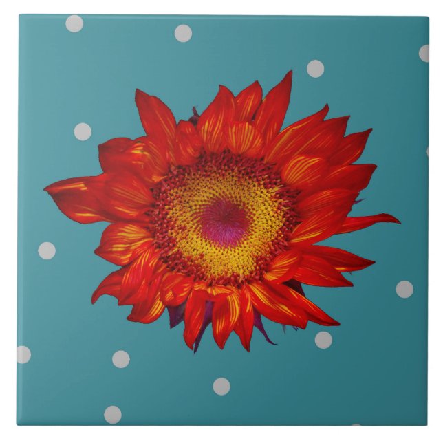 Helle rote Sonnenblume auf blauer Keramik-Fliese Fliese (Vorderseite)