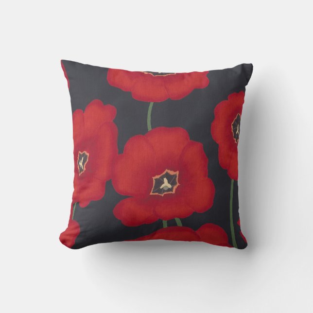 Helle rote Tulpen auf Schwarzem, Kissen (Vorderseite)