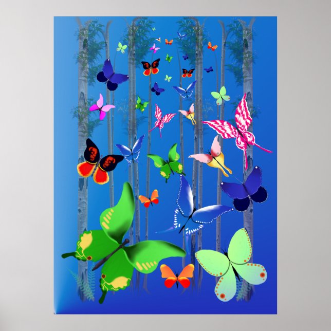 Helle Schmetterlinge und Waldposter Poster (Vorne)