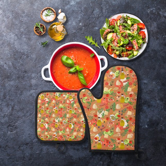 Helle, schöne Salatzutaten, orange-braun Ofenhandschuh & Topflappen-Set (Von Creator hochgeladen)