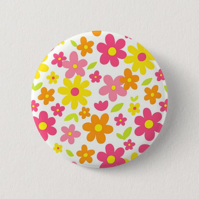 Helle Sommerblumen Retro-Rosa und Gelb Muster Button (Vorderseite)