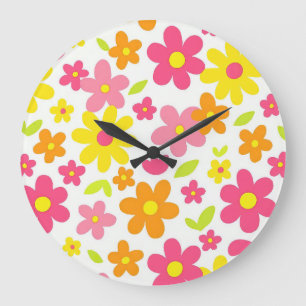 Helle Sommerblumen Retro-Rosa und Gelb Muster Große Wanduhr