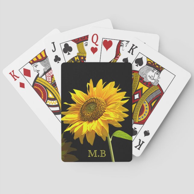 Helle Sonnenblume auf schwarzem Hintergrund Spielkarten (Rückseite)