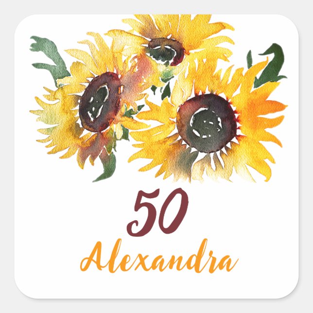 Helle Sonnenblume Wasserfarbe Fabulous 50 Quadratischer Aufkleber (Vorderseite)