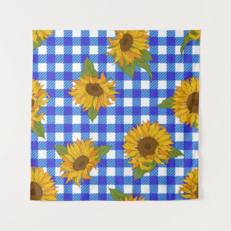 Helle Sonnenblumen auf einem karierten Hintergrund Wandteppich