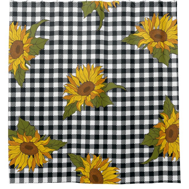 Helle Sonnenblumen auf einem schwarz-weißen Büffel Duschvorhang (Vorderseite)