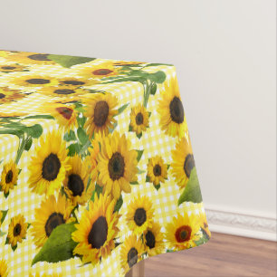 Helle Sonnenblumen auf gelb-weiß kariert Tischdecke