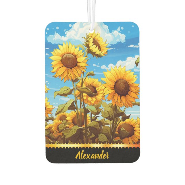Helle Sonnenblumen blühen unter einem klaren, blau Autolufterfrischer (Rückseite)