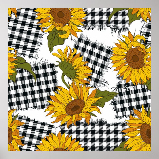 Helle Sonnenblumen-Blume auf karierten Pflastern.  Poster (Vorne)