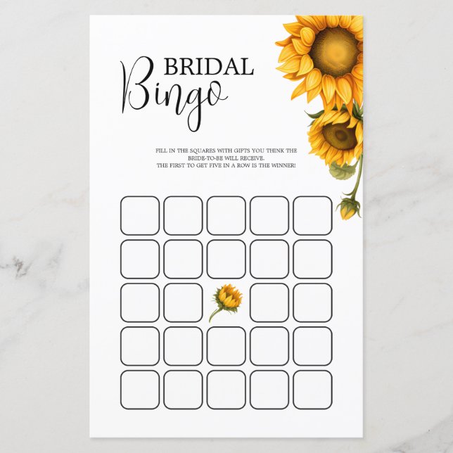 Helle Sonnenblumen Brautparty Bingo (Vorderseite)
