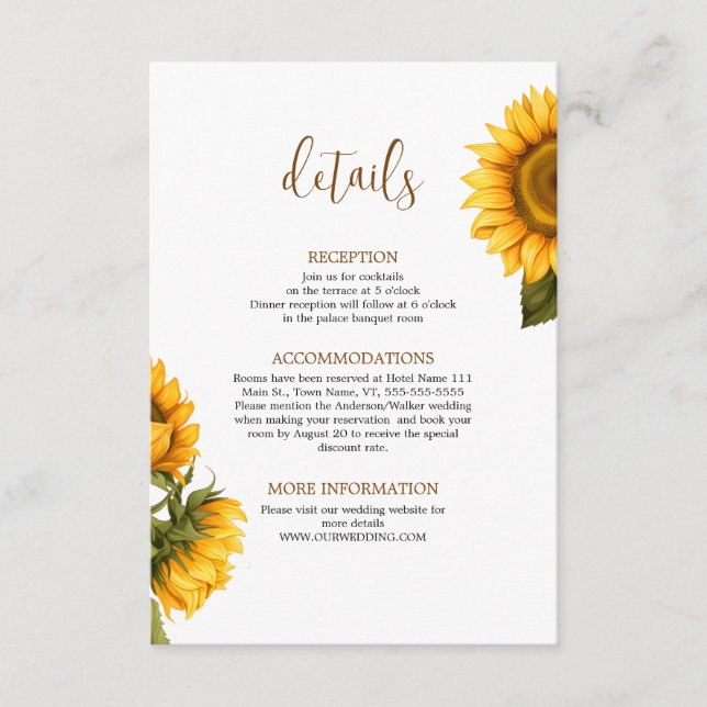 Helle Sonnenblumen Hochzeitsdetails minimal Begleitkarte (Vorderseite)