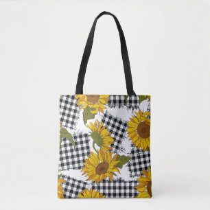 Helle Sonnenblumenblüten auf karierten Flecken. Me Tasche