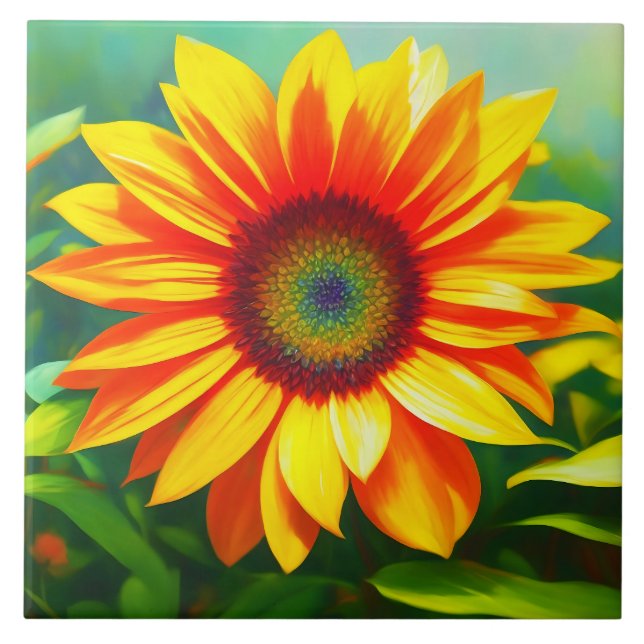 helle sonnige, farbenfrohe Sonnenblumenkunst Fliese (Vorderseite)