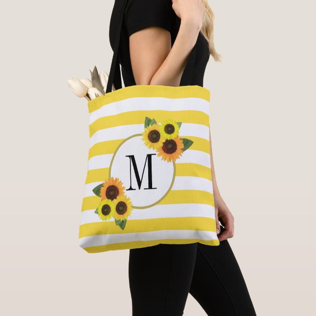 Helle Streifen Gelbe Sonnenblumen Blumenmonogramm Tasche (Von Nahem)