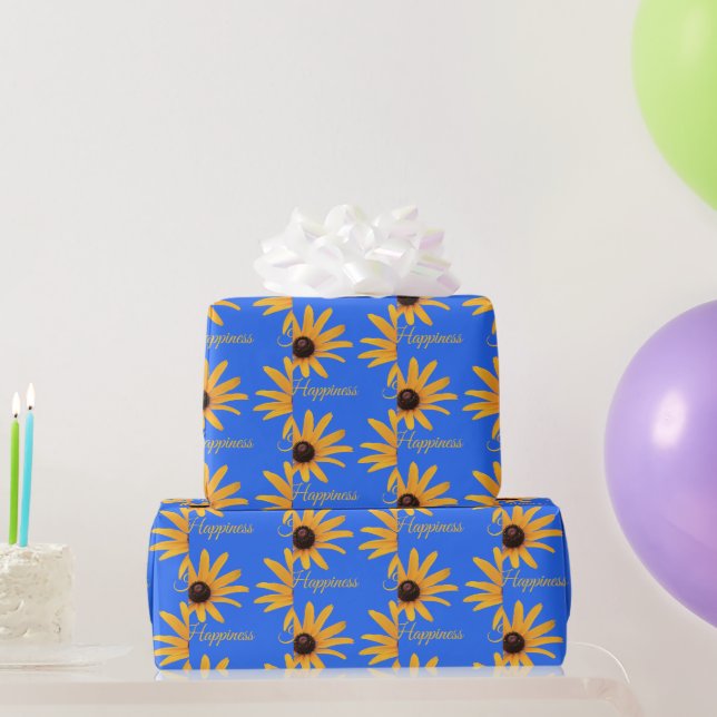 Helle Sun Yellow Blumen auf Royal Blue Happy Geschenkpapier (Partygeschenke)
