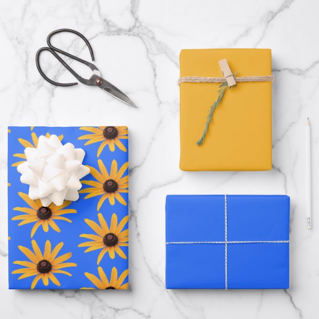 Helle Sun Yellow Petals auf Royal Blue Geschenkpapier Set (Vorderseite)