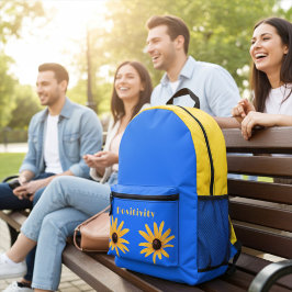 Helle Sun Yellow Spring Blumen auf Royal Blue Bedruckter Rucksack
