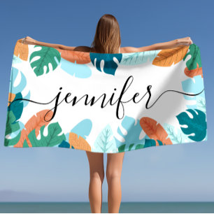 Helle tropische Blätter Personalisierter Name Strandtuch