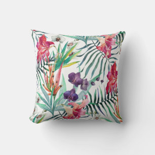 Helle tropische Blumen und Blattmuster Kissen