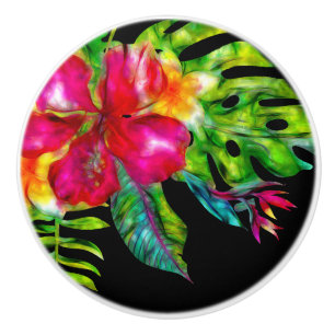Helle tropische Blüten-Hibiskus- und Blätterfarben Keramikknauf
