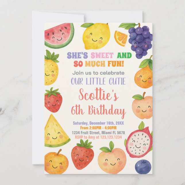 Helle tropische Früchte zum Geburtstag Einladung (Vorderseite)