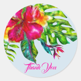 Helle tropische Hibisken und Blätter Gefallen Runder Aufkleber