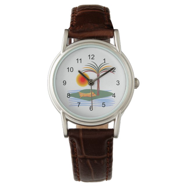 Helle tropische Palmen, Sonne und Wellen Armbanduhr (Vorderseite)